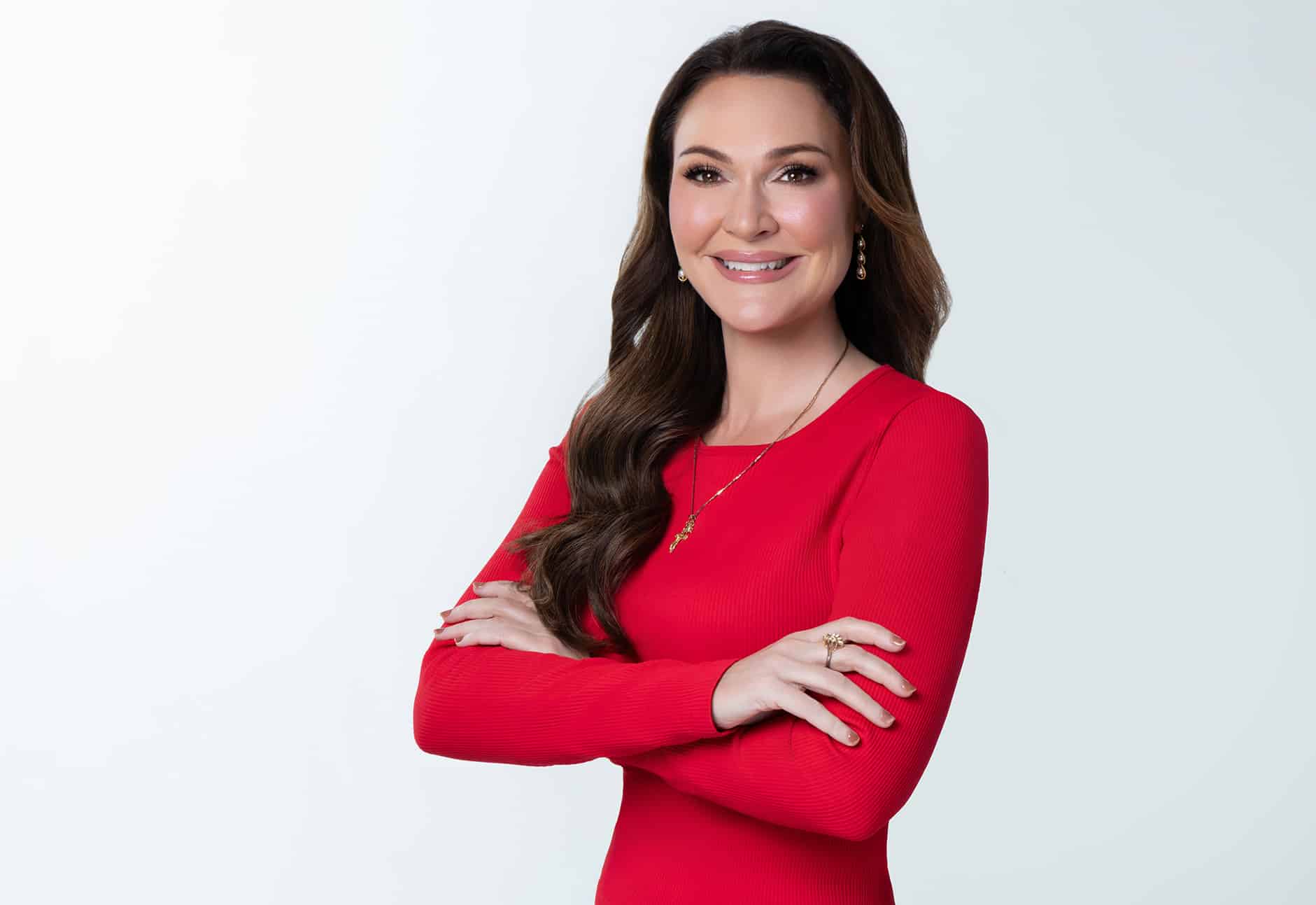 Bridget wearing red dress